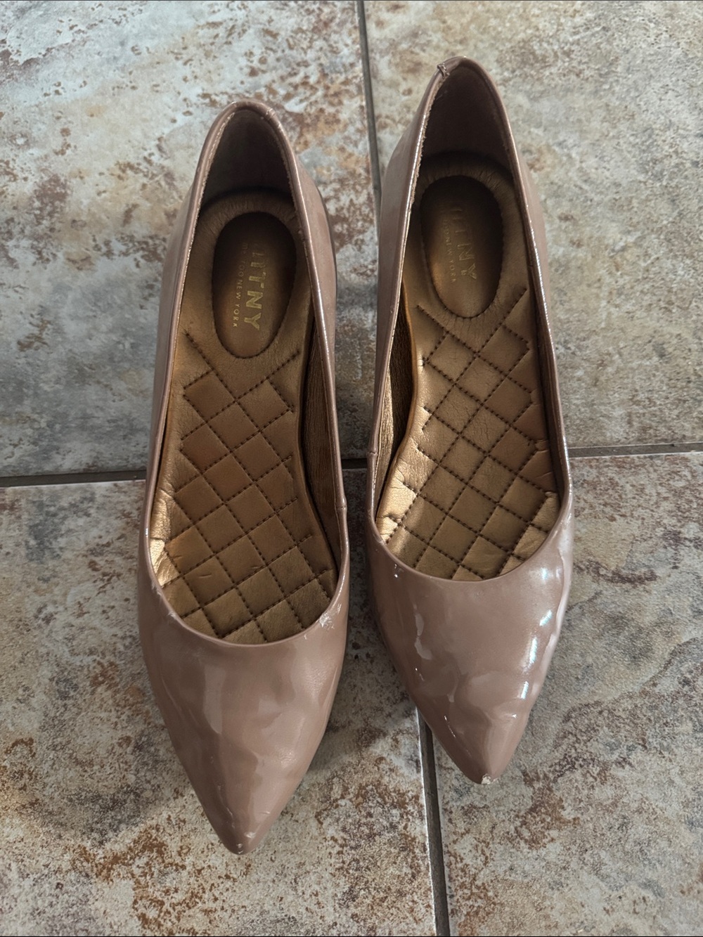 MTNY Taupe Patent Pointed-Toe Quilted Insole Heels
